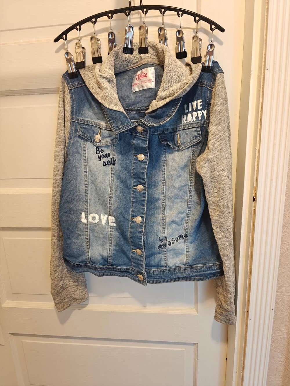 Justice Girls Hooded Denim Jacket Embroidered Pockets Blue/Gray Size 16 / 18